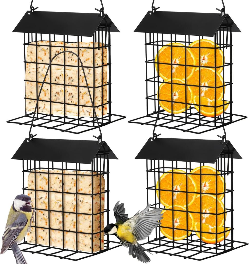 Nuogo 4 Pcs Wild Bird Feeder Squirrel Proof Outdoor Hanging Suet Holder with Metal Roof and Platform Outside Cake Suet Feeder Rainproof Cage for Oriole Hummingbird Chickadee Nuthatch(Black)