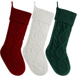 Christmas Stockings 3 Pack, 18 Inches Large Cable Knit Personalized Christmas Stocking Knitted Stocking Decorations for Family Xmas Party Decor (Red White Green Christmas Stocking)