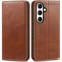 SHIELDON Case for Galaxy S25+ 6.7" 2025, Genuine Leather Flip Wallet Book Case Magnetic RFID Blocking Credit Card Holder Kickstand Shockproof Cover Compatible with Galaxy S25 Plus - Retro Brown