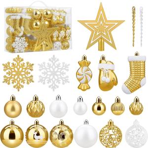 128 Pcs Christmas Ball Ornament Set, SOLEDI Assorted Christmas Ornaments, Shatterproof Decorative Baubles for Xmas Tree Decor, Gift Package with Reusable Hand for Christmas Decorations, Gold