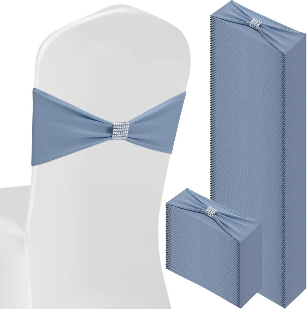 Hahafelt 100 Pcs Spandex Chair Sashes Bows with Rhinestone Ring Buckle Slider Elastic Universal Bowknot Chair Cover Bands Ties for Wedding Banquet Ceremony Event Party Decoration (Dusty Blue)