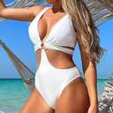 Women's Deep V Neck One Piece Swimsuit O-Ring Swimwear Sexy Cut Out Bathing Suit (White, M)