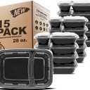 Freshware Meal Prep Containers [15 Pack] 2 Compartment with Lids, Food Storage Containers, Bento Box, BPA Free, Stackable, Microwave/Dishwasher/Freezer Safe (28 oz), Black