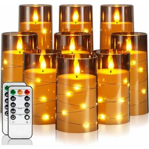 Homemory 9 Pcs Flameless Candles with Embedded Star String Fairy Lights, Battery Operated Candles, LED Fake Candles with Remote Control and Timer, Gray Acrylic