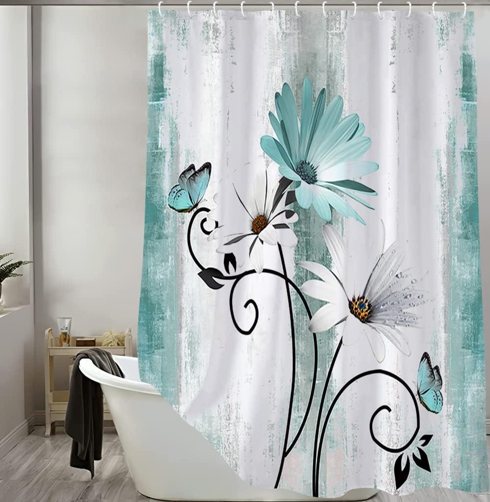 Rustic Farmhouse Shower Curtain, Farm Teal Daisy Floral Flowers and Butterfly on Country Wooden Shower Curtain for Bathroom, Turquoise Blue Bathroom Shower Curtains with 6PCS Hooks, 36X70IN