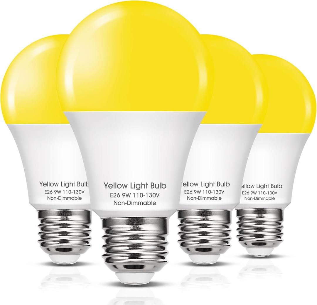 Yellow LED Bug Light Bulbs Outside, A19 LED Yellow Bug Bulb Outdoor 60W Equivalent, 9W Yellow Amber Bug Lights E26 Base Porch Lights, Non-Dimmable LED Lighting for Home, Patio, Deck, Backyard, 4 Pack