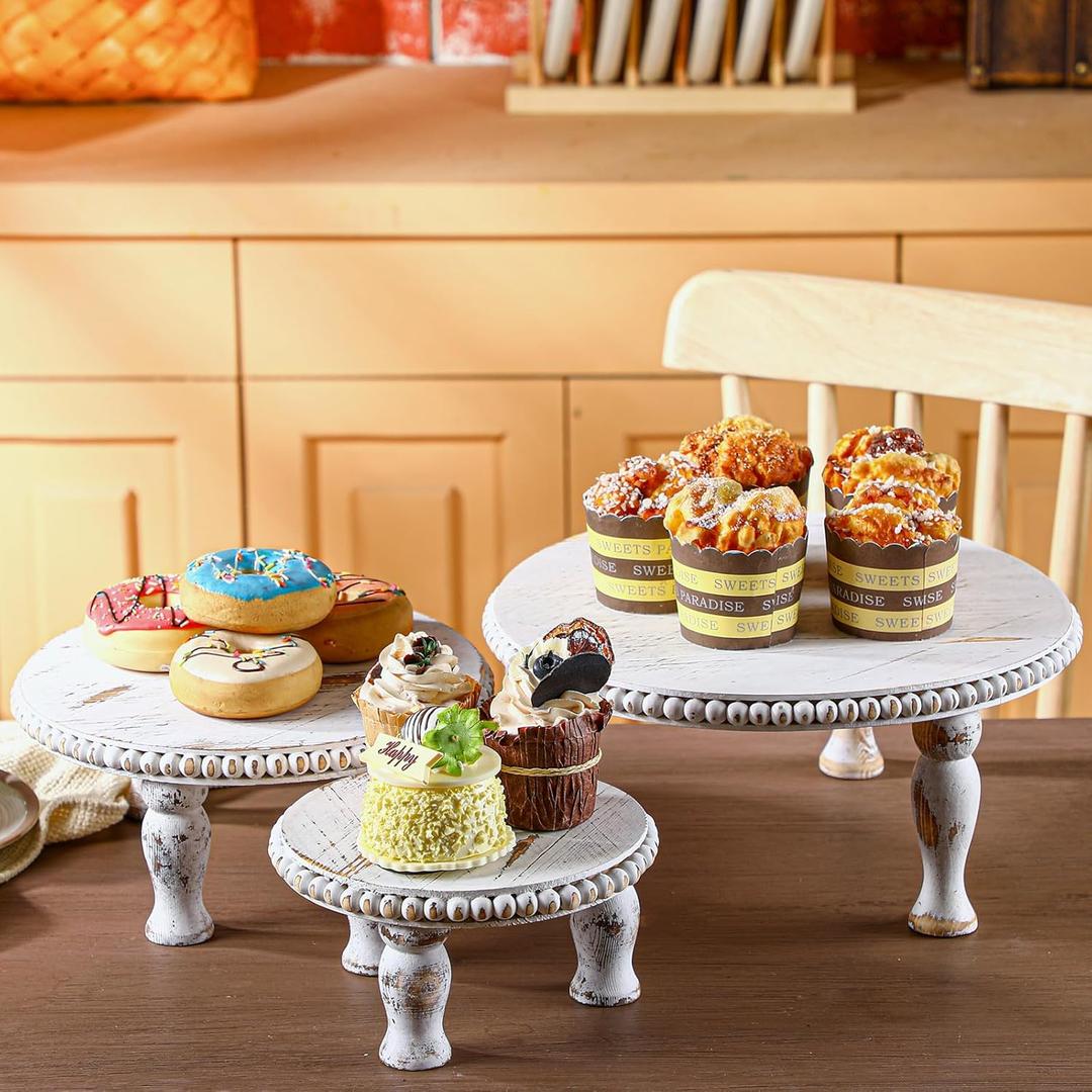 Thyle Rustic Round Wood Tray Riser Set of 3 Wooden Beaded Cupcake Pedestal Stand Round Farmhouse Wood Cake Holder Multiple Sizes Dessert Stands for Wedding Birthday Decor Height 7" 9.5" 12"(White)