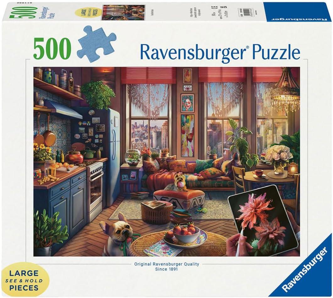 Ravensburger Cozy Boho Studio Puzzle - Large Format 500 Piece Jigsaw | Vibrant, Glare-Free Imagery | Perfect Interlocking Fit | Ideal for Adults and Kids