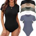 BALENNZ Women's 5 Pack Short Sleeve Round Neck Bodysuit Tops Crew Neck Basic Casual Tshirt Bodysuits X-Large