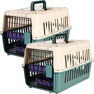 2 Set Hard Plastic Pet Carrier Breathable Dog Cat Kennel with Metal Door Bowl Grille Mat Pet up to 14 Lbs Carrier for Walking Camping Vet Visits Travel, 17.3"L x 11.8"W x 10.6"H(Blue White)