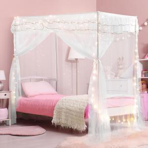 Twin Size Bed Canopy with Lights, Bed Canopy for Girls Princess with Luminous Stars, Canopy Bed Curtains for Twin Bed Kids Indoor Decor Bedroom, 4 Corner Post Bunk Bed for Student Dormitory, White (39"W x 78"L (Pack of 1))