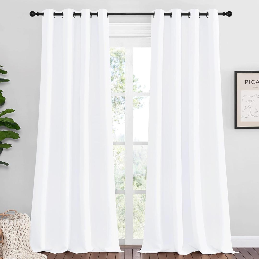 NICETOWN Blackout Curtains for Kids Room, Sea Teal, Set of 2, 55 x 108 Inch, Triple Weave Microfiber Home Thermal Insulated Solid Ring Top Blackout Panels/Drapes for Bedroom (Pure White)