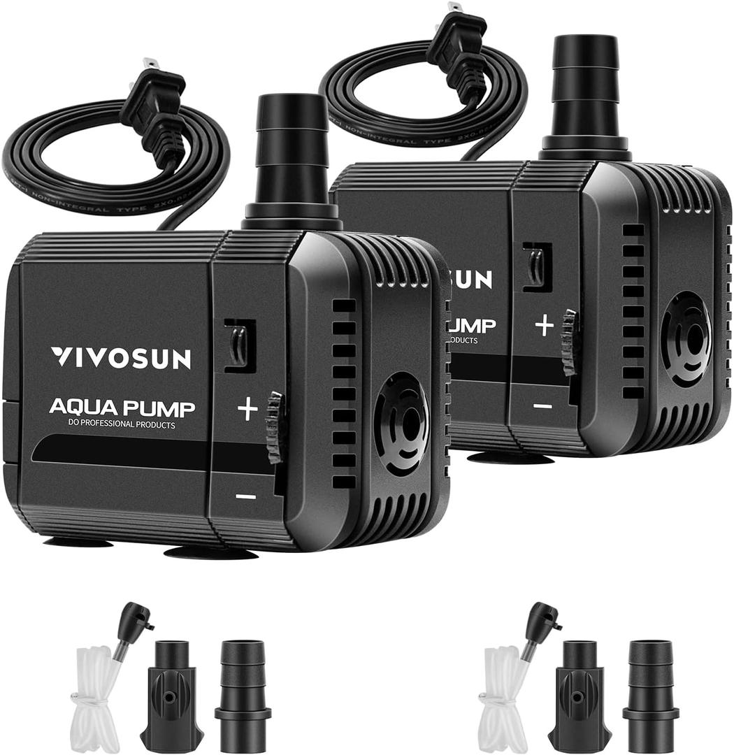 VIVOSUN 2pack 210GPH Submersible Pump(800L/H, 8W), Ultra Quiet Water Pump with 3.3ft High Lift, Fountain Pump with 5ft Power Cord, 2 Nozzles for Fish Tank, Pond, Aquarium, Statuary, Hydroponics