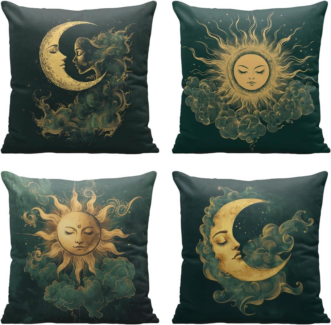 Sun Moon Pillow Covers 18x18 Inch Set of 4, Clouds Green Abstract Art Vintage Decorative Throw Pillow Cases Holiday Decorations for Sofa Couch Farmhouse Home