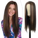 PHOCAS Long Brown Wig 23" Long Straight Brunette Wigs for Women Synthetic Chocolate Dark Brown Wigs with Highlight for Women Daily Party