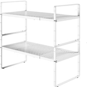 KIKIBRO Expandable Cabinet Shelf Organizers, Kitchen Small Stand Rack Organization for Countertop Cupborad Pantry, White 2 Pack