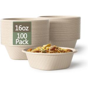 Homestockplus 16 Oz Disposable Paper Bowls - Heavy Duty Small Disposable Bowls - Made from Natural Bagasse for Cereal, Rice, French Fries - Convenient and Compostable [100/Pack]