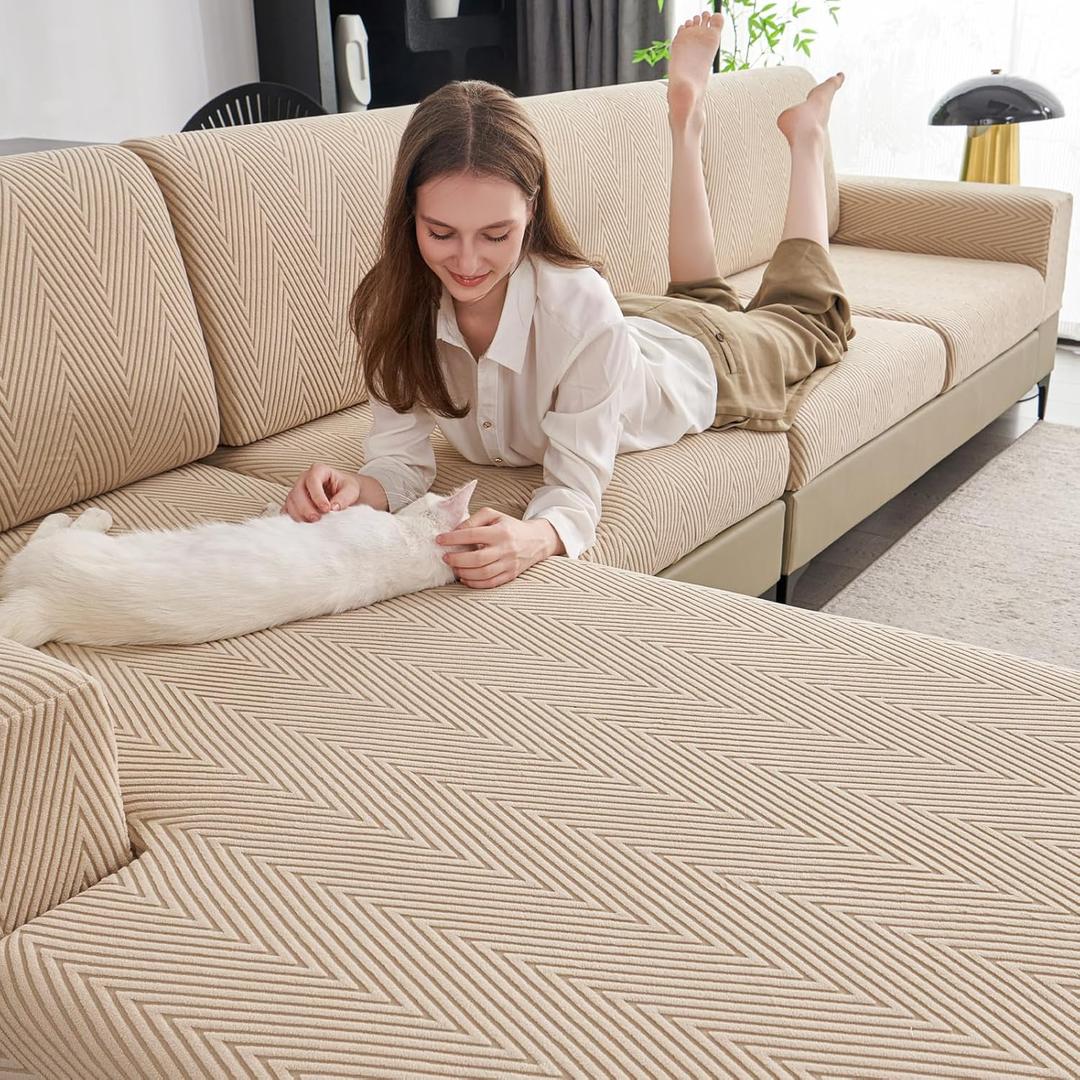 Couch Cushion Covers for Sectional Sofa, Wear Resistant Stretch Sofa Slipcovers for Sofa Cushion Furniture Protector Washable Couch Seat Cover for Pets (Khaki, 3 Seat Covers S+ 1 Chaise)
