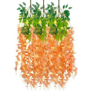 12 Pack Orange Wisteria Hanging Flowers Garland with Lights, 3.44 Feet Artificial Flower Vines, Fake Wisteria, Artificial Vines Hanging Garland for Backdrop Outdoor Patio Garden Decor