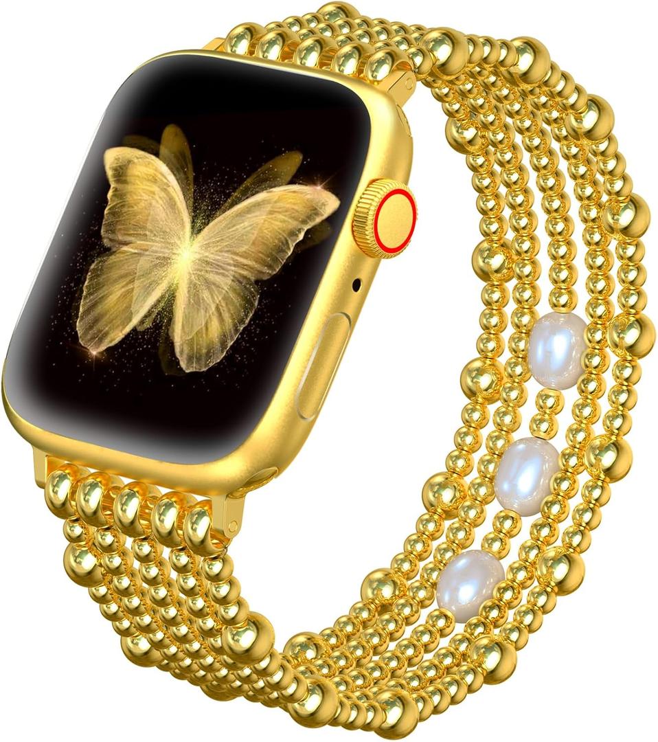 fastgo Beaded Bracelet Band Compatible with Apple Watch Bands 41mm/40mm/38mm/44mm/45mm/42mm/49mm Women, Natural Pearl Beaded Elastic Strap for Iwatch Bands(Gold)