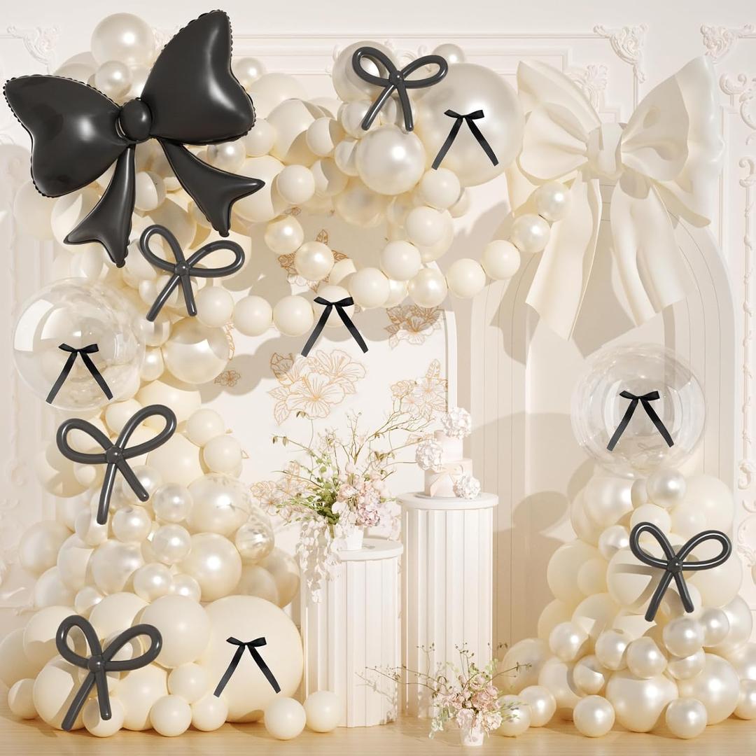 Pearl White Balloon Arch Kit, JOGAMS 174Pcs Bow Balloon Arch Kit with 260 Clear Bow Foil Balloons Ribbon Bow for Coquette Bow Theme Birthday Wedding Baby Shower Bachelorette Bridal Shower