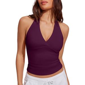SUUKSESS Women Halter Backless Tank Tops with Built in Bra Double Lined V Neck Y2k Going Out Tops(Violet, M)