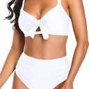 Tempt Me Pure White Two Piece Swimsuits - High Waisted Bikini Tummy Control Full Coverage Bathing Suits Ruched Tie Knot Swimwear M