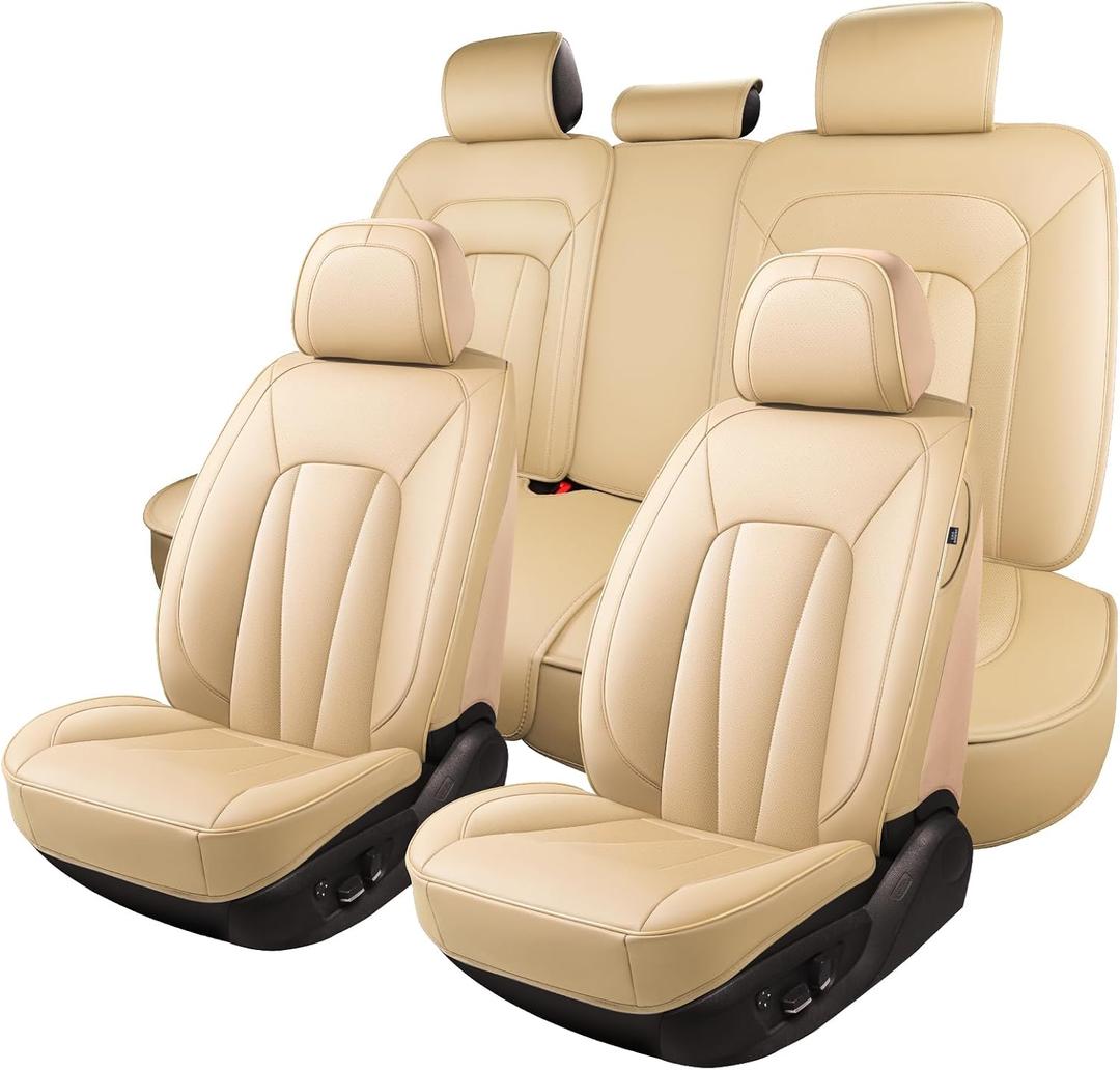 Car Seat Covers Full Set,Breathable and Waterproof Faux Leather Automotive Seat Covers for Cars,Luxury Universal Fit Seat Covers for SUV, Sedans and Trucks,Beige