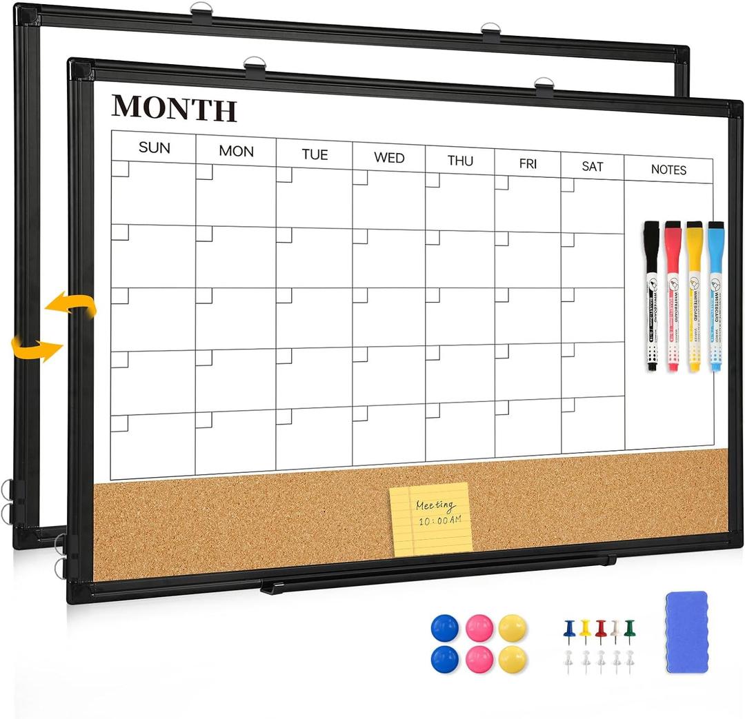 Dry Erase Calendar Board for Wall, 24"x18" Magnetic Whiteboard Calendar Double-Sided Monthly White Board with Cork Board, Black Aluminum Frame Memo Message Board for Office, Home, School