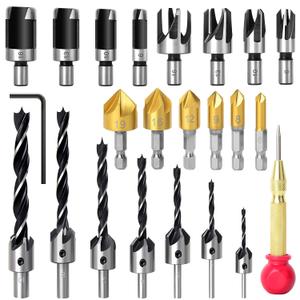 23pcs Woodworking Chamfer Drilling Tool, 8pcs Wood Plug Cutter Drill, 7pcs Three Pointed Countersink Drill Bit with L-Wrench, 6pcs 1/4" Hex 5 Flute 90 Degree Countersink Drill Bits