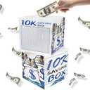 10K Smash Box for Money Saving Challenge，Acrylic Savings Cash Box for Cash，Transparent, Secure & Portable Piggy Bank for Adults Kids，Money Saver Box (Blue)