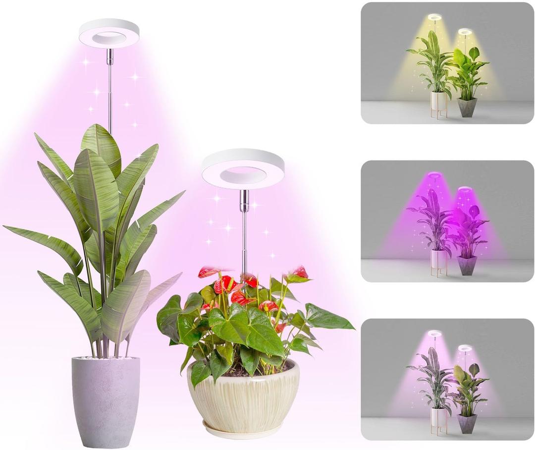 Halo Ring Grow Lights for Small Indoor Plants, Red+Blue+Yellow Light Full Spectrum LED Plant Light, Height Adjustable with 5V 2A Adapter, 3/9/12H Timer & 10 Dimmable Levels, Angel Ring 2 Pack