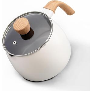 2.5 Quart Non-stick Ceramic Sauce Pan with Lid, Small Milk Pots for Cooking with Pour Spout, Aluminum stock Pot Wood Handle for kitchen, PFAS-Free, White