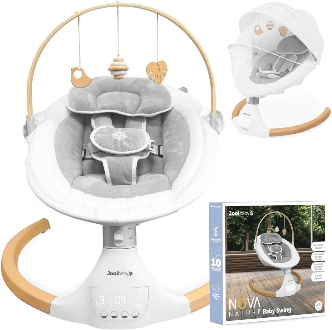 Jool Baby Nova Swing for Newborns - Electric Motorized Infant Swing, Bluetooth Music, 10 Preset Melodies, Remote (Wood/White)
