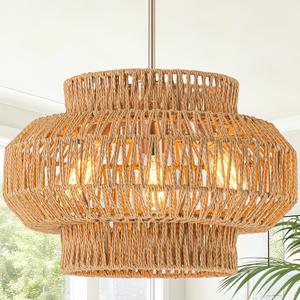17.7'' Rattan Pendant Light,3-Light Boho Chandelier,Dinning Lighting Fixture Hand Woven Shade Boho Hanging Light Wicker Chandelier for Bedroom Kitchen Island Farmhouse Living Room Light Fixture