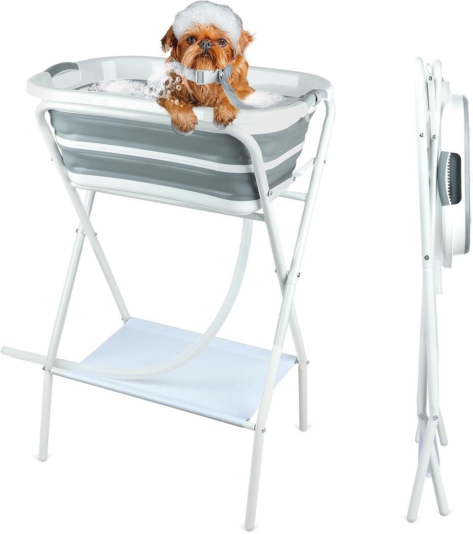 FHTONGE Elevated Dog Bathtub Grooming Station with Drain Adjustable Collar, 2 in 1 Collapsible Dogs Beautify Bathtub Portable Pet Washing Station, Pet Tub for Small Medium Dog Cat Shower Hairdressing