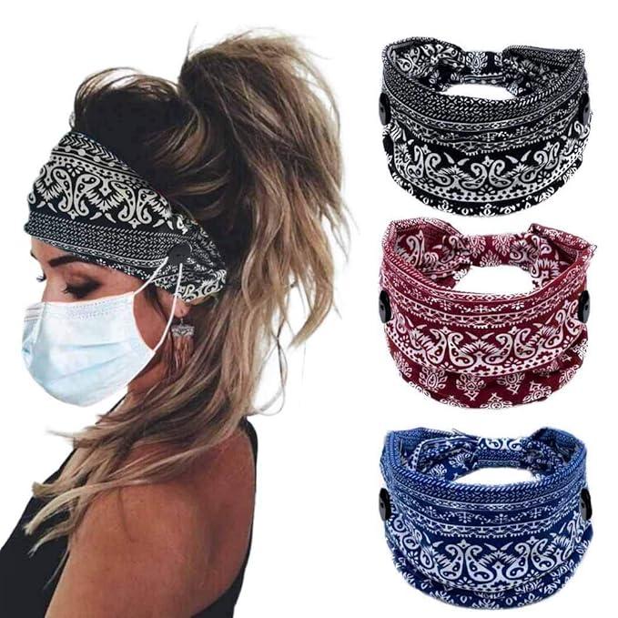 Bohend Boho Button Headband Wide Stretchy Daily Use Knotted Headwear Sport Athletic Yoga Gym Hair Accessories for Women and Girls(3pcs) (E)