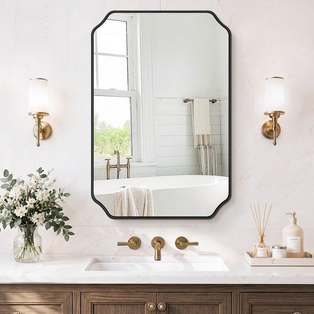LAWADA Vanity Bathroom Mirror, 30" x 36" Black Scalloped Mirror for Wall