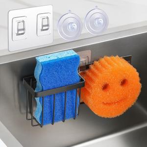 [Slim & Space-saving] Sponge Holder for Kitchen Sink, Sponge Caddy for Scrub Daddy / Scrub Mommy Smiley Face, Sink Organizer Accessories for Dish Brush, Scrubber -with 2 Suction Cups & 1 Adhesive Hook (Black)