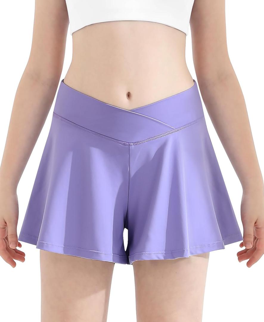 QooNoo Girls Athletic Shorts Flowy Running Shorts with Pockets V Crossover 2 in 1 Girls Tennis Shorts Butterfly Skorts (Purple, S)