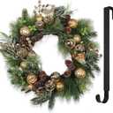 24 Christmas Wreath for Front Door with Lights Hanger Golden Ball Artificial Frosted Evergreen Pine Cones Gilded Forest Foliage Winter Outdoor Dcor Indoor Wall Decorations