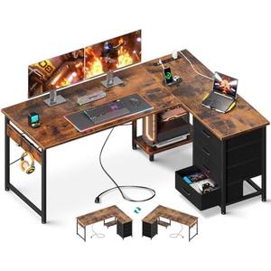 AODK L Shaped Desk with 4 Tier Drawers, 53" Reversible Gaming Desk with Power Outlets, L Shaped Computer Desk with USB Charging Port and Host Stand, Home Office Corner Desk, Easy to Assemble, Vintage