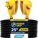 Camco Power Grip 25-Ft 30 Amp Camper/RV Extension Cord - Rated for 125V /3,750W - Features Heavy Duty 10-Gauge Copper Wire for Superior Conductivity & Coated w/Heat-Resilient PVC (55191)