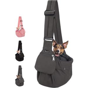 Lukovee Dog Sling Carrier, Hard Bottom Support & Adjustable Soft Padded Shoudler Strap Dog Slings for Small Dogs, Dog Purse with Drawstring Mesh Opening & Zipper Pockets for Puppy Cat Pet (Grey)