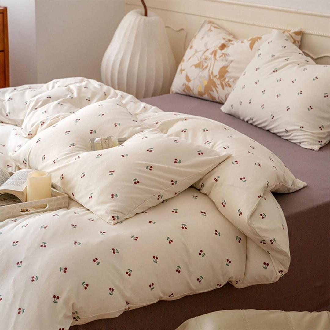Cherry Duvet Cover Queen Size Red Cherry on White Bedding Set with Zipper Closure 3 Pieces Kids Girls Cherry Pattern Soft Microfiber Comforter Cover Set with 2 Pillowcases