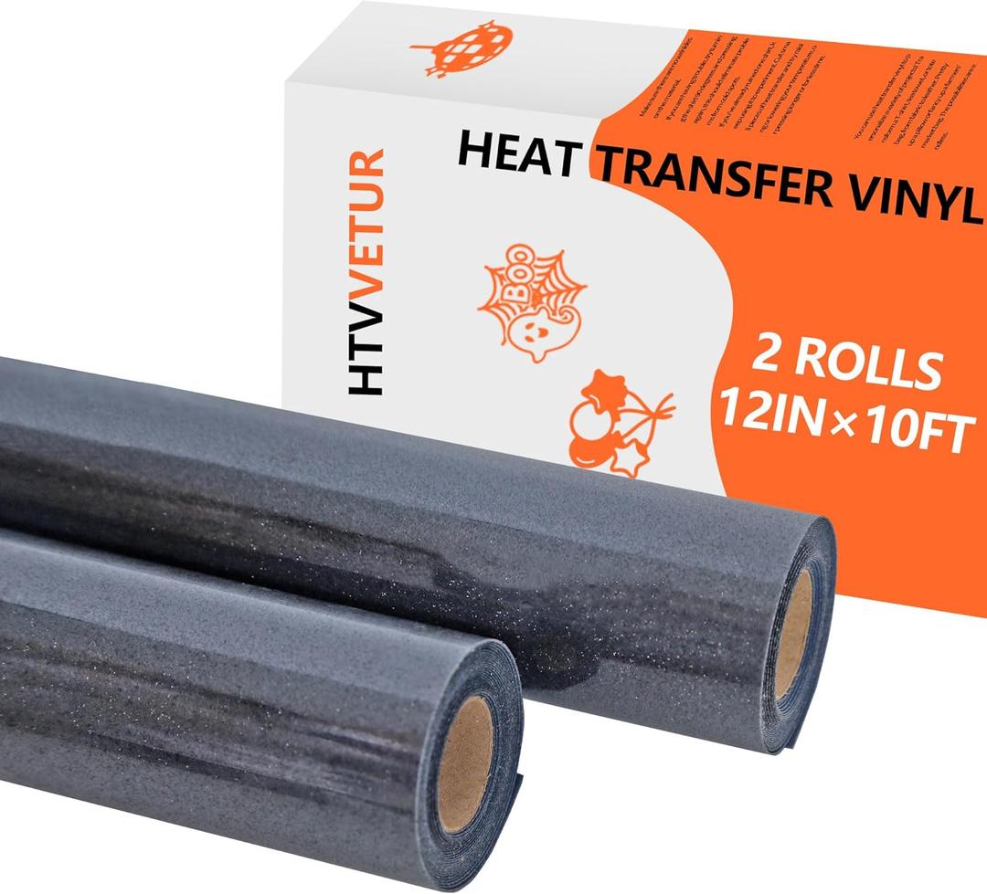 HTVVETUR Glitter Black HTV Heat Transfer Vinyl - 2 Rolls 12" x 10ft Glitter HTV for Shirts, Iron on Vinyl for Cameo - Easy to Cut & Weed (Black, 20ft)