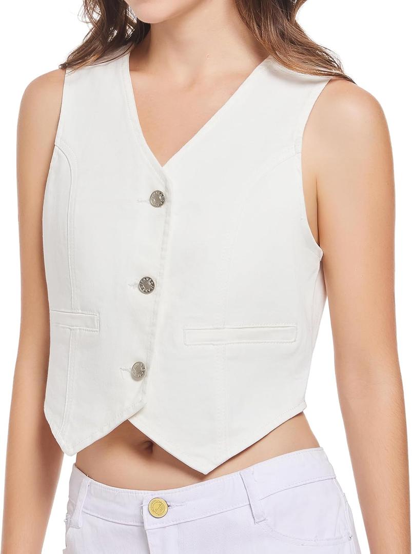 V VOCNI Womens Denim Vest V Neck Sleeveless Button Down Jean Vests Top Waistcoat Vest (White, S)