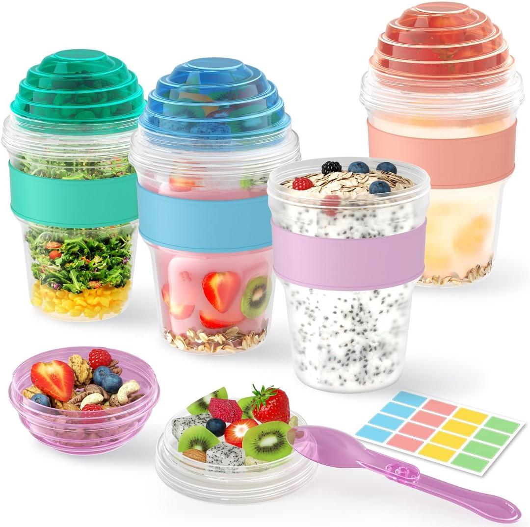 4 Pack Yogurt Parfait Cups with Lids Reusable, 20 oz Plastic Overnight Oats Containers with Lids Spoons Granola Compartment for Fruit Nuts, To Go Overnight Oat Jars for Oatmeal, Snack, Breakfast Prep (Orange, Blue, Purple, Green)