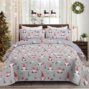 Dobuyly Christmas Quilt Set Queen Size, Red Grey Santa Claus Pattern Bedspread Christmas Bedding Set, Soft Polyester Winter Holiday Coverlet Set (96"x90", 3 Pieces) (Gray)