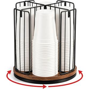 Geelin 4 Compartment 9.3 x 8.8 Inch Coffee Cup Dispenser, Rotating Mug Holder, Black Wire Disposable Coffee Mug Dispenser Removable, Plastic Cup Storage and Lid Holder for Kitchen, Cabinet Storage